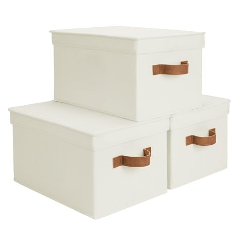 StorageWorks Storage Basket with Lid, Decorative Storage Boxes with PU Handles, Stackable Fabric Storage Bins for Closet, Shelves, Ivory, Large, 3-Pack - color: Ivory, size: Large