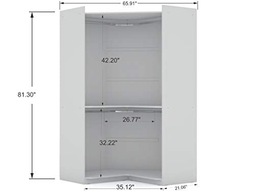 Manhattan Comfort Mulberry Modern Free Standing Corner Wardrobe Closet with Rounded Hanging Rods, Open Shelving & Finished Back for Room Divider, Space-Saving Storage Solution, White - color: White