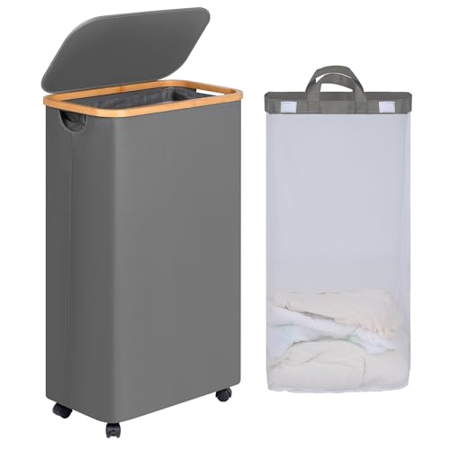efluky Slim Laundry Basket with Wheels, Narrow Rolling Laundry Hamper with Lid and Removable Bag, Tall Aesthetic Dirty Clothes Hamper on Wheels for Laundry Room, Bedroom, Dorm and Bathroom, 75L Grey - color: Grey, size: 75L