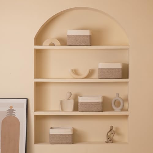4 Pack Storage Baskets for Organizing, Woven Baskets for Shelves - Perfect for Toys, Books, Towels, and Clothes, Durable Gift Basket Bins Toy Storage, 12.7''Lx9''Wx7.8''H, Brown & White - color: Brown & White, size: Small/12.7''Lx9''Wx7.8''H