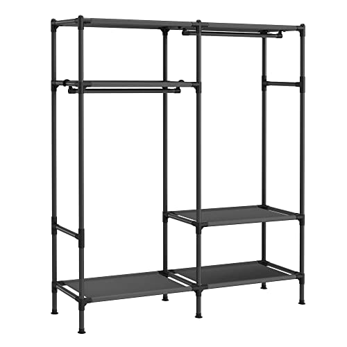 SONGMICS Heavy Duty Clothes Rack, 65 Inch Freestanding Portable Wardrobe with Hanging Rails and Shelves, Total Load 242 lb, Easy Assembly, for Cloakroom, Bedroom, Black URDR201B02 - size: 65"L x 17.7"W x 74.8"H