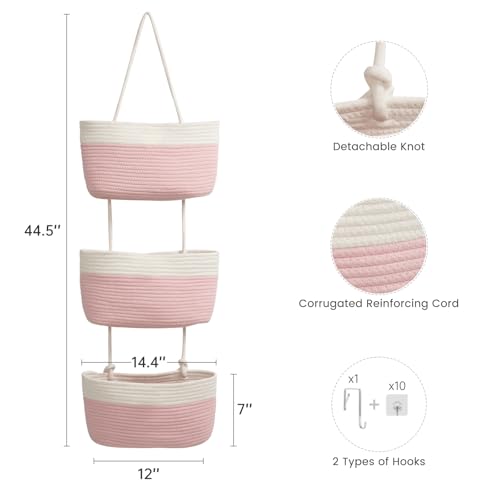 TeoKJ Over the Door Hanging Basket, 3-Tier Woven Cotton Wall-Mounted Storage Organizer Bag Decorative Hanging Nursery Baskets, Pink & White - color: Pink & White