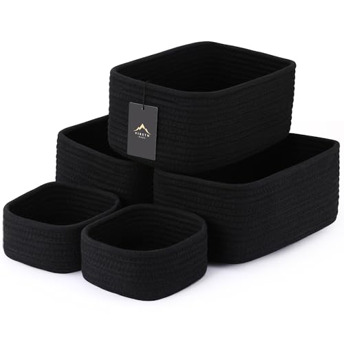 5-Pack Small Woven Rope Storage Baskets – 2 Sizes Organizer Bins for Closet, Shelf, Bookshelf, Nursery, Changing Table, Fabric Cube Boxes, Rectangular Shallow Bins for Bathroom, Toy & Home - color: Black