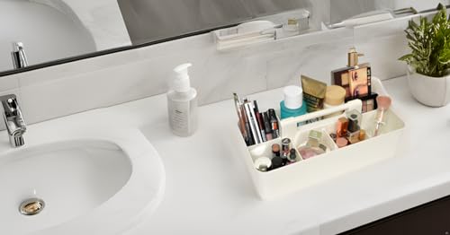 New Plastic Portable Makeup Organizer Caddy Tote Divided Basket Bin with Handle, for Bathroom Storage - Holds Blush Makeup Brushes, Eyeshadow Palette, Lipstick - Extra Large Made In USA (Ivory) - color: Ivory