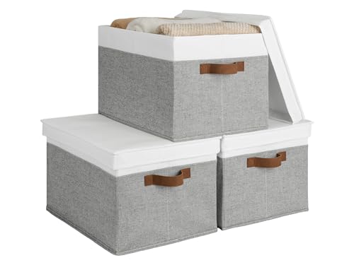 StorageWorks Storage Bins with Lids, Decorative Storage Boxes with Lid and PU Handles, Foldable Storage Baskets for Closet, Shelves, Stackable, Gray and White, Jumbo, 3-Pack - color: Gray and White, size: Jumbo