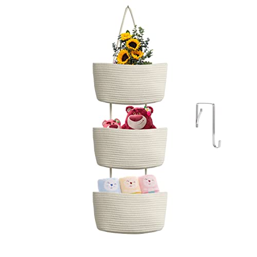 TeoKJ Over the Door Hanging Basket, 3-Tier Woven Cotton Wall-Mounted Storage Organizer Bag Decorative Hanging Nursery Baskets, White - color: White
