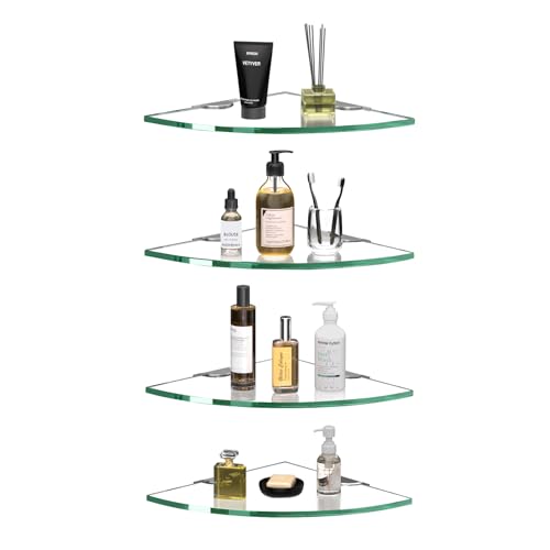 Corner Glass Shower Caddy 4 Pack 8MM-Thick Tempered Glass Shelf No Drilling Wall Mount Corner Mounted Shelves Space Saver Adhesive Bathroom Home Shelf Shampoo Holder Organizer Strong Adhesion - color: 4pack
