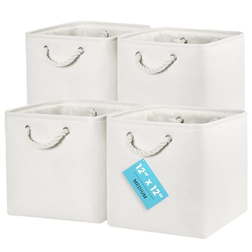 OrganiHaus 12x12 Cube Storage Bins 4 Pack, Foldable Cube Storage Organizer w/ Rope Handles, Collapsible Fabric Bins for Toys, Clothes & Closet Organization, Fabric Square Baskets - Off-White - color: Off-White, size: 4 pcs (12x12)