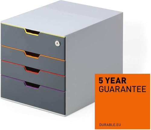 Durable VARICOLOR 4 Lockable Drawer Unit - Gray Desktop Filing Drawer Set with 4 Color Coded Draws - Letter Size Files - Top Draw is Lockable - Perfect for Storing Documents and Paper Work - style: 4-Drawer with Lock