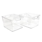 Isaac Jacobs 2-Pack Extra-Large Clear Storage Bins (11.5” L x 14” W x 9” H) w/Cutout Handles, Plastic Organizer for Home, for Kitchen, Fridge, Pantry, BPA Free, Food Safe (2-Pack, Extra-Large) - size: Extra-Large