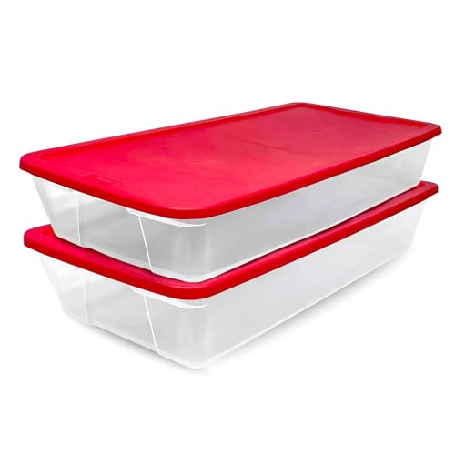 HOMZ 2-Pack Holiday Tote, Clear Plastic Storage Organizer Bins with Lids, 41 Quart, Red - Stackable Organizing Containers for Christmas Ornament Decorations, Gift Wraps, and Crafts - size: 2 Pack