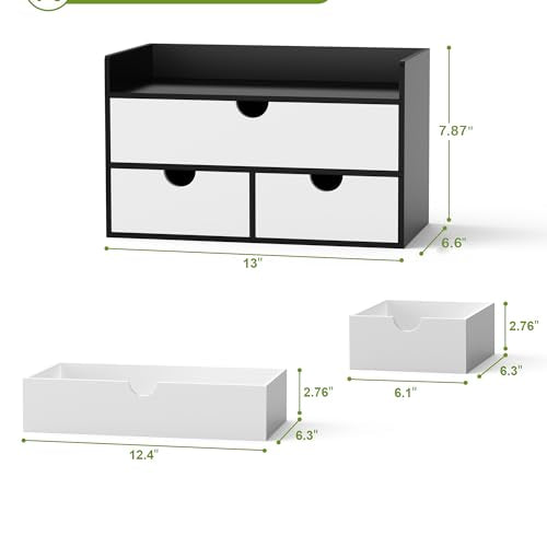 Wisuce Desk Organizer with Drawers - Bamboo Desktop Organizer Storage | Black-White Wood Desk Makeup Dresser Top Organizer for Cosmetics No Assembly Required - color: Black-White, size: 13”L x 6.6”W x7.87”H
