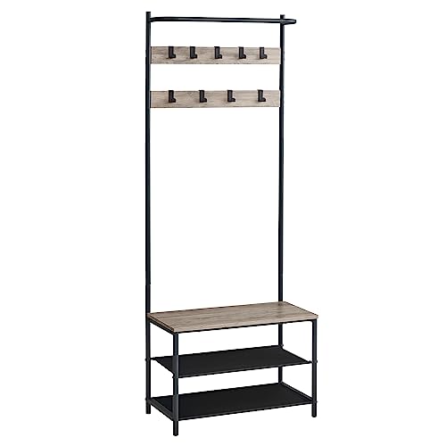 VASAGLE Hall Tree with Bench and Shoe Storage, Entryway Bench with Coat Rack Stand and Shoe Rack, 9 Movable Hooks, Top Bar, Fabric Shelves, Industrial, Greige and Black UHSR411B02 - color: Greige + Black, size: 25.2"W
