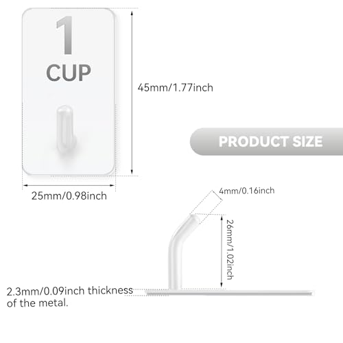 Measuring Cup and Spoon Organizer, 12 Pack Adhesive White Stainless Steel Hooks for Hanging with 6 Kitchen Conversion Chart Stickers, Kitchen Hooks for Space Saving Storage - style: 12 Pcs White Stainless Steel Hooks with Stickers