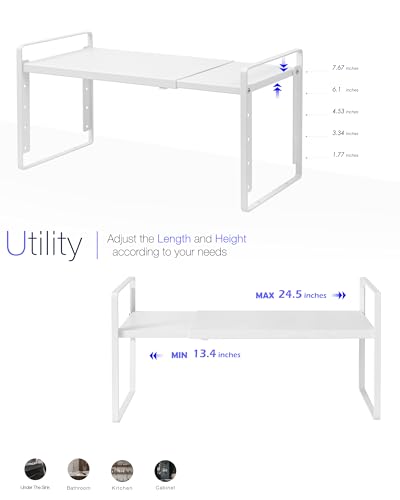 Nxconsu Cabinet Shelf Organizer, Expandable Width (13.4"–24.8"), 5-Level Adjustable Height, Metal Counter Shelf Riser Spice Rack for Kitchen Cupboard Pantry Under Sink Countertop, White, Non-Slip - size: Standard Depth (8.6") - 1 Pack