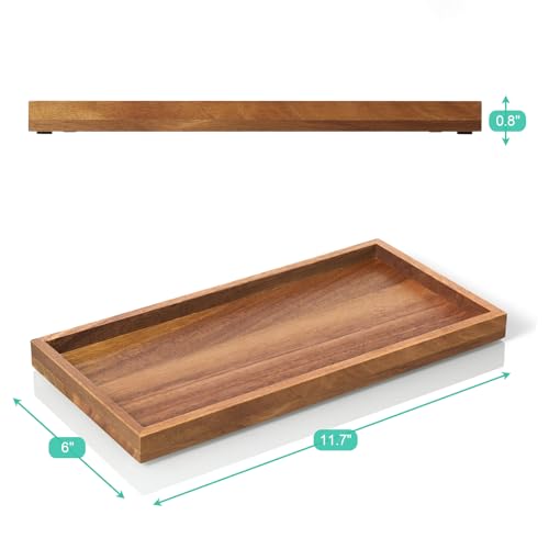 ALELION 11.7" Bathroom Vanity Tray for Counter - Acacia Wood Decorative Tray for Toilet Tank Makeup Perfume Jewelry Catchall Coffee Table - Wooden Kitchen Countertop Organizer for Soap Dispenser - color: Acacia, size: 6" x 0.8" x 11.7"