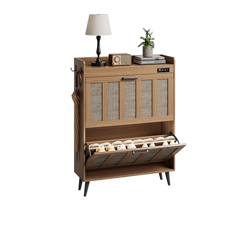 ChooChoo Shoe Storage Cabinet with 2 Flip Drawers, Deodorizing Shoe Organizer Storage for Entryway, Freestanding Hidden Slim Narrow Shoe Rack Cabinet, Rustic Oak - color: Rustic Oak, size: 2-Drawers