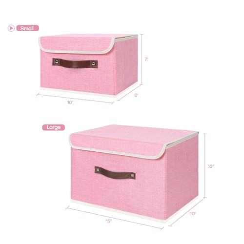 ANMINY 2PCS Storage Bins with Lid PU Leather Handles Storage Boxes PP Plastic Board Decorative Foldable Lidded Cotton Linen Fabric Home Cubes Baskets Closet Organizer Containers - Pink, Small Size - color: Pink, size: Small (Pack of 2)