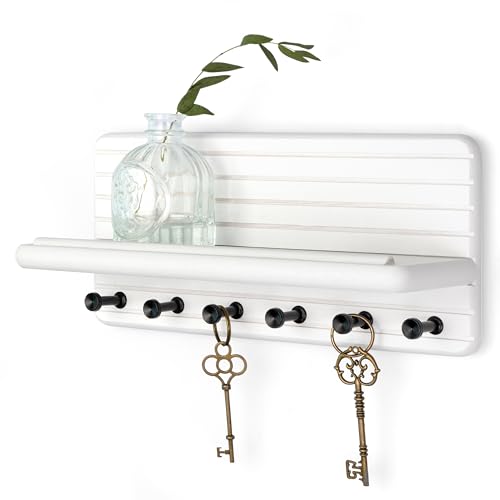 Rebee Vision Decorative Key Holder Wall Mount for Home Organization – 11-inch Pine Wooden Key Holder for Wall with 6 Hooks & Floating Shelf - Modern Farmhouse Home Decor (White) - color: White, size: Medium-11inch