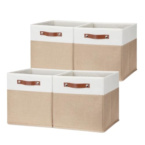 HNZIGE Fabric Storage Cubes, Cube Storage Bins 12 x 12, Set of 4, Decorative Storage Baskets for Shelves with Handles,Foldable Bins for Cube Shelf Organizer Home Toy Nursery Closet(Beige White) - color: Beige White, size: 12"x12"x12"-4pack