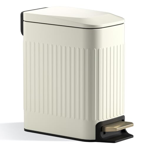 Small Bathroom Trash Can with Lid Soft Close-6L/1.6 Gal Slim Step Garbage Can-Metal Pedal Wastebasket-Narrow Rectangle Garbage Container Bin for Corner Office, Bedroom, Toilet, Live Room-Beige - color: Embossed-Beige