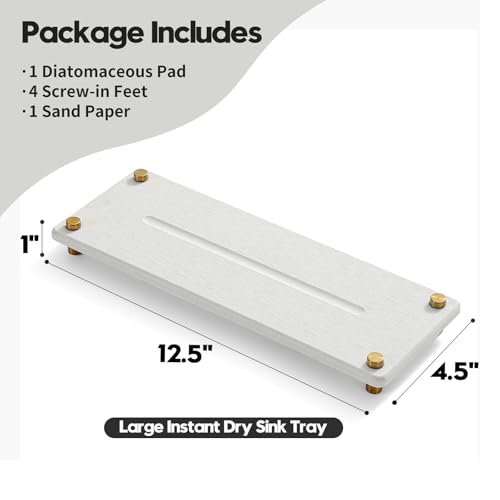 Razborci Water Absorbing Stone Sink Caddy Kitchen Sink Organizer Tray, Diatomite Bathroom Counter Tray, Gold Faucet Drying Mat Coaster Soap Dish Rack Riser Dispenser Sponge Holder, Beige 12.5" x 4.5" - color: Beige - Gold, size: 12.5" x 4.5" x 1"