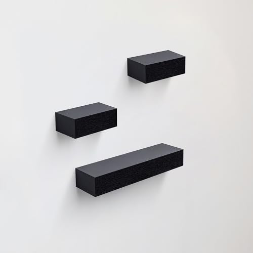 Floating Wall Shelves Set of 3 – MDF Wood Wall Mounted Shelf for Living Room, Bedroom, Bathroom, Office – Decorative Storage Racks for Plants, Photos, Books (Black, Medium Set) - color: Black, size: Medium Set