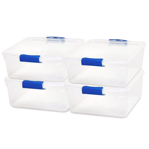 HOMZ 4-Pack 15.5 Quart Latching Lid, Clear Plastic Storage Organizer Bins, Blue – Stackable Containers for Home & Office Shelves, Kitchen, Garage, and Bathroom Organization - color: Blue, size: 15.5 QT (4 Pack)