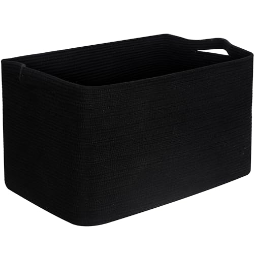 MINTWOOD Design 22in Extra Large Blanket Basket Holder Living Room, Rectangle Rope Woven Storage Basket with Handles for Laundry, Pool Towels, and Shoes, Dog Toy Organizer Bin Box, Full Black - color: Full Black