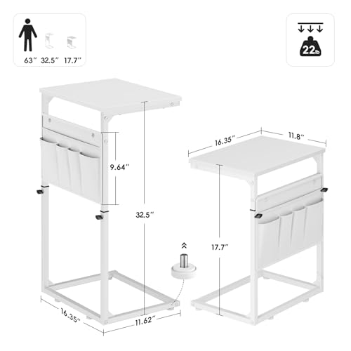 Vagusicc C Shaped End Table, 33" Tall Side Table for Couch, Adjustable Height Small Couch Side Table for Small Spaces, C Table End Table Slide Under Sofa Table TV Tray for Living Room Bedroom, White - color: White