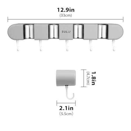 Mop and Broom Holder Wall Mount, 4 Racks and 5 Hooks Self Adhesive Garage Organizer Storage Tool Racks for Kitchen Garden Laundry (Grey)