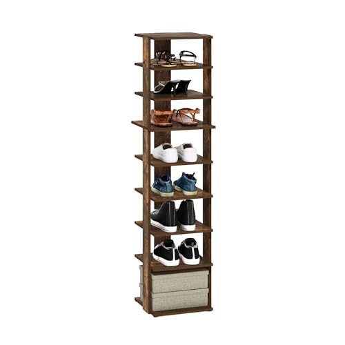 Furinno Compact Vertical Shoe Rack, 9-Tier Narrow Shoe Organizer, Free Standing Shoe Storage, Shoe Shelf for Boots, Sneakers, 12 x 12.6 x 51, for Closet, Entryway, Office, Garage, Amber Pine - color: Amber Pine, size: 9-tier, 51.2 Inch