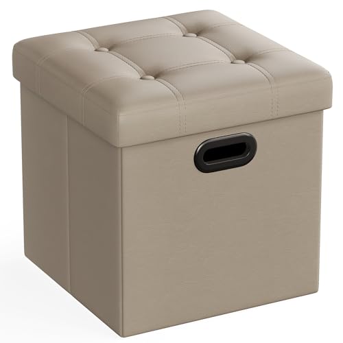 SONGMICS Mazie Collection - 15 Inches Ottoman with Storage, Footstool, Storage Ottoman with Metal Handles, Load 660 lb, for Dorm, Living Room, Bedroom, Synthetic Leather, Camel Brown ULSF030K03 - color: Camel Brown, size: 15"D x 15"W x 15"H