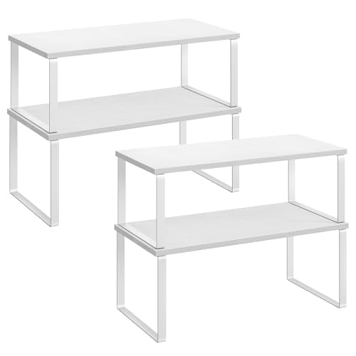SONGMICS Cabinet Organizer Shelf, Set of 4 Kitchen Counter Shelves, Kitchen Storage, Spice Rack, Stackable, Expandable, Metal and Engineered Wood, Cloud White and Snow White UKCS028W01 - color: Cloud White + Snow White, size: 15.6"W