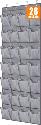 MISSLO 28 Large Pockets Hanging Shoe Rack Door Shoe Organizer Hanging Shoe Storage Hanger for Closet Mesh Holder, Grey - color: Grey, size: 22.6x65