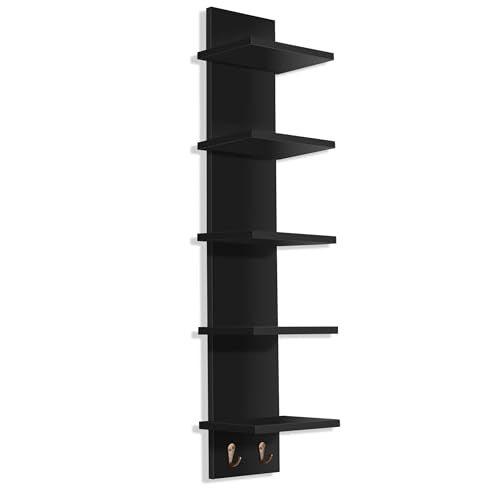 Sorbus 5 Tier Wall Shelf Unit with Hooks, Vertical Column Utility Shelving for Home Decor and Storage Organizer, Wall-Mounted Floating Shelves for Bathroom Storage, Bedroom, Living Room - color: Black, size: 1 Pack
