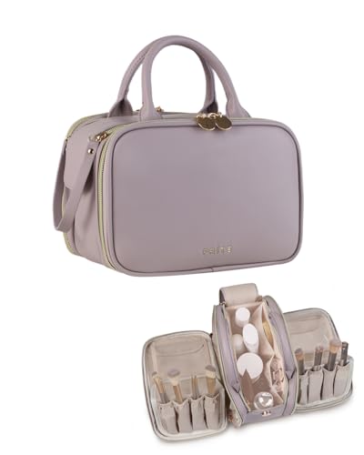 Prite Makeup Bag for Women, Large Capacity Waterproof Travel Cosmetic Organizer, Portable Open Flat Toiletry Bag with Free-standing Brush Holder and Handle(Purple Meidum) - color: Purple, size: Medium