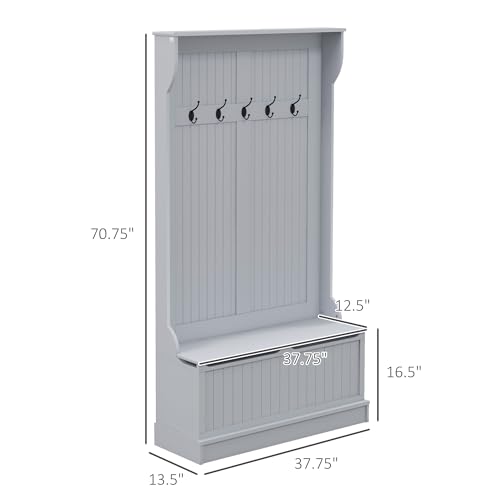 HOMCOM Hall Tree with Bench and Shoe Storage, 3-In-1 Entryway Bench with Coat Rack, 5 Hooks and Flip Top Storage Compartment, Gray - color: Grey, size: 38"