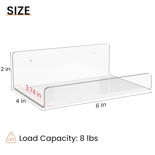 upsimples 6 Pack 6x4 Inches Acrylic Small Shelves, Floating Shelves for Wall, Display Shelf Organizer for Plants, Speaker, Radio, Toys, Clear - size: 6x4"