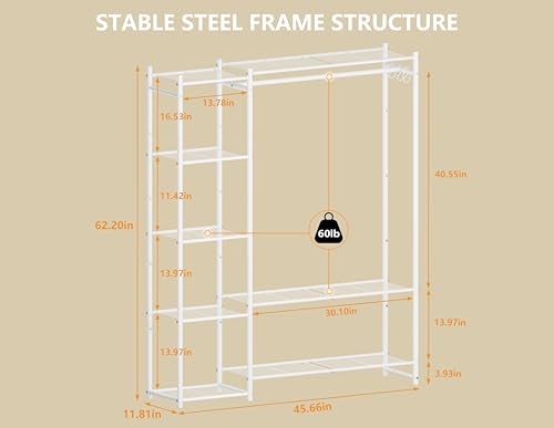 Wardrobe Closet,Portable Clothes Rack with 4 Tiers Shelves,Freestanding Closet Organizers and Storage System with Hanging Rods,Steel Clothing Rack Suitable for Cloakrooms,Bedrooms,Entrances,etc.White - color: White