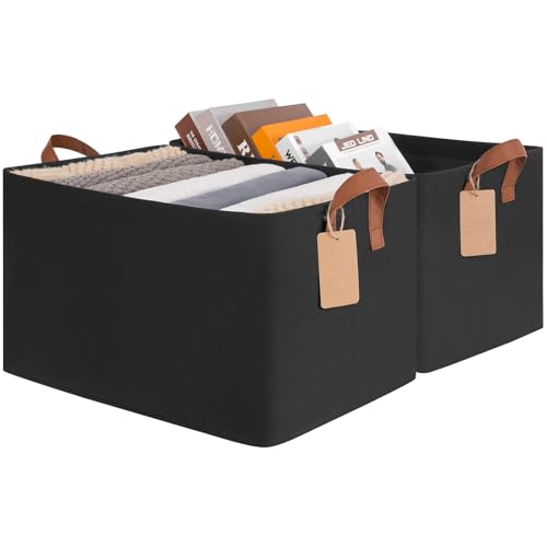 CHICVITA Storage Baskets for Shelves, Extra Large Closet Storage Bins with Metal Frame, Foldable Toy Storage Organizer for Nursery, Living Room, 19" L x 13" W x 11" H, Black, 2-Pack - color: Black, size: 19" L x 13" W x 11" H