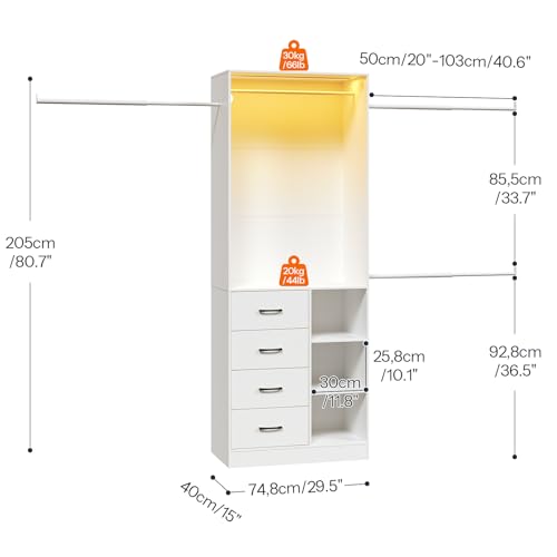HOOBRO Closet System with 3 Extendable Rods, 9FT Closet Organizer with 4 Drawers, LED Light Strip, Built in Closet Organizer System, Adjustable Cloth Garment Rack from 6 to 9FT for Cloakroom, White