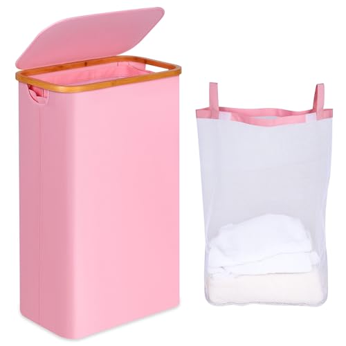 iEGrow 75L Slim Laundry Hamper, Narrow Laundry Basket with Lid,Foldable Clothes Hamper with Bamboo Handles,Hamper Basket with Removable Inner Bag for Laundry Room Bedroom College Dorm,19.8 Gals Pink - color: Pink, size: 75L