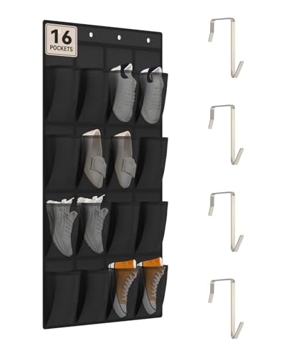 dodowin Over the Door Shoe Organizer Rack, 16 Large Breathable Mesh Pockets, Foldable Hanging Storage Holder for Closet Door, Space Saving Shoe & Accessory Organizer with 4 Metal Hooks, Black - color: Black, size: 16 Pockets