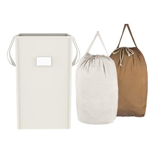 MCleanPin 210L Laundry Hamper Collapsible with 2 Washable Laundry Bags, Dirty Clothes Hamper,Laundry Basket with Handles Foldable Hamper Dorm Laundry Basket for College (Cream White) - color: Cream White