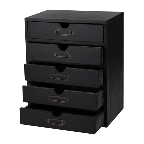 Wooden Storage Box with 5 Drawers Apothecary Drawers Vintage Wooden Drawers Wood Desktop Organizer with Drawers Countertop Drawers Library Card Catalog Cabinet Apothecary Cabinet （BLACK） - color: BLACK05