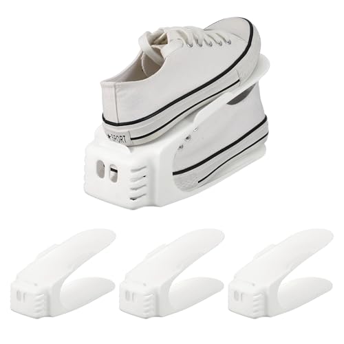uxcell Shoe Slot Organizer 4 Pcs, 10.2x3.9x5.1 Inch Shoe Stacker Double Layer 50% Space Saver for Storage Closet Rack Organization, White - color: White