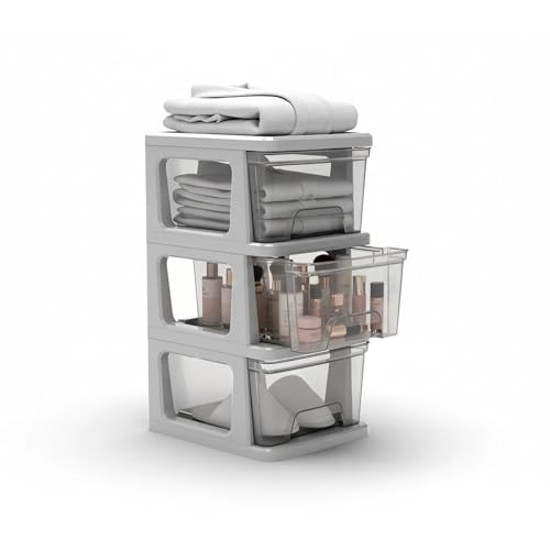Plastic Drawer Wide Tower Plastic Storage Cart with Clear Pull Out Drawers, Silver (3 Drawer Wide Tower) - color: Grey and Clear