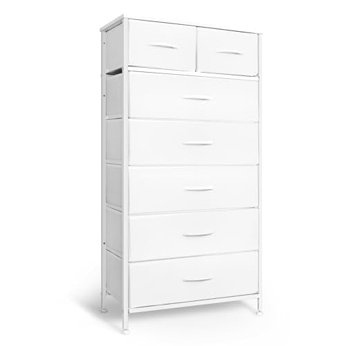 Mifuro Tall Dresser for Bedroom, Vertical Storage Organizer Tower with 7 Drawers, Chest of Drawers with Fabric Bins, Steel Frame, Wood Top for Bedroom, Closet, Entryway- White - color: White, size: 7 Drawers