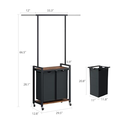 IDEALHOUSE Laundry Sorter 2 Section with Hanging Rack,Rolling Laundry Sorter Hamper with Shelf & Lockable Wheels,Laundry Basket Organizer for Laundry Room, Bedroom, Bathroom - size: Sorter-2 Bags